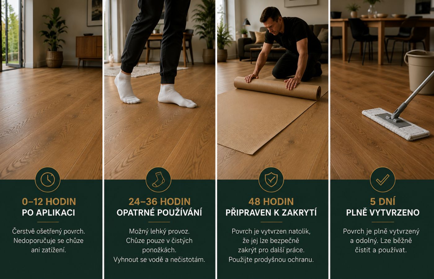 Postupné používání olejované podlahy první den, po 48 hodinách a po pěti dnech
